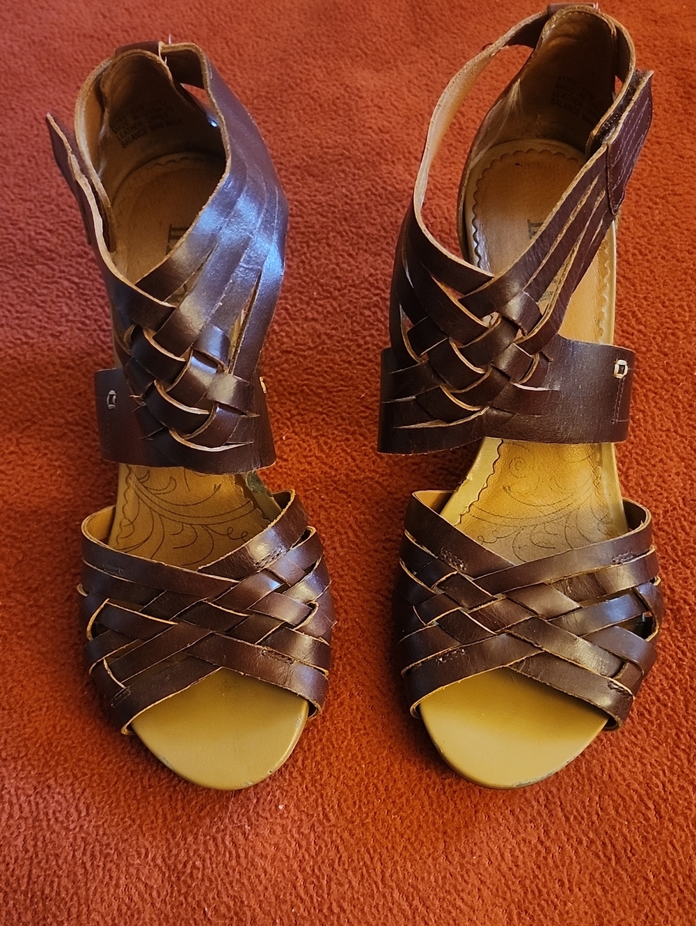 Indigo Woven Leather Open-Toe Sandals — Brown 8.5